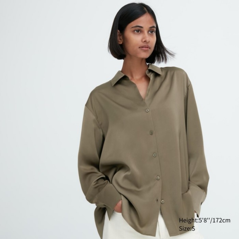 Chemisier Uniqlo Satin Long-Sleeve Femme Vert Olive | 3009253