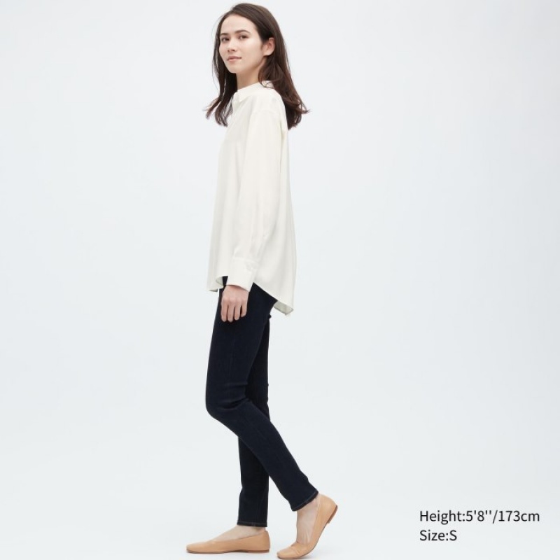 Chemisier Uniqlo Satin Long-Sleeve Femme Blanche | 5444038