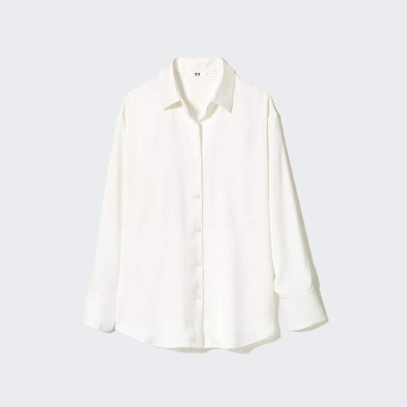 Chemisier Uniqlo Satin Long-Sleeve Femme Blanche | 5444038