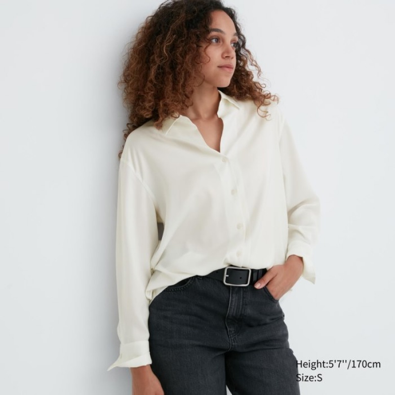 Chemisier Uniqlo Satin Long-Sleeve Femme Blanche | 5444038