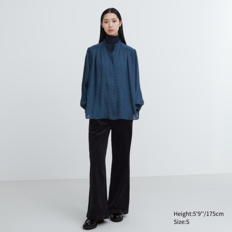Chemisier Uniqlo Volume Long-Sleeve Femme Bleu | 1310138