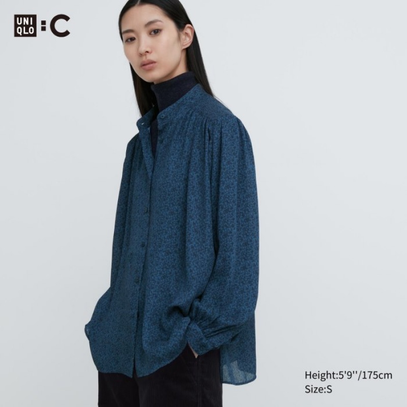 Chemisier Uniqlo Volume Long-Sleeve Femme Bleu | 1310138
