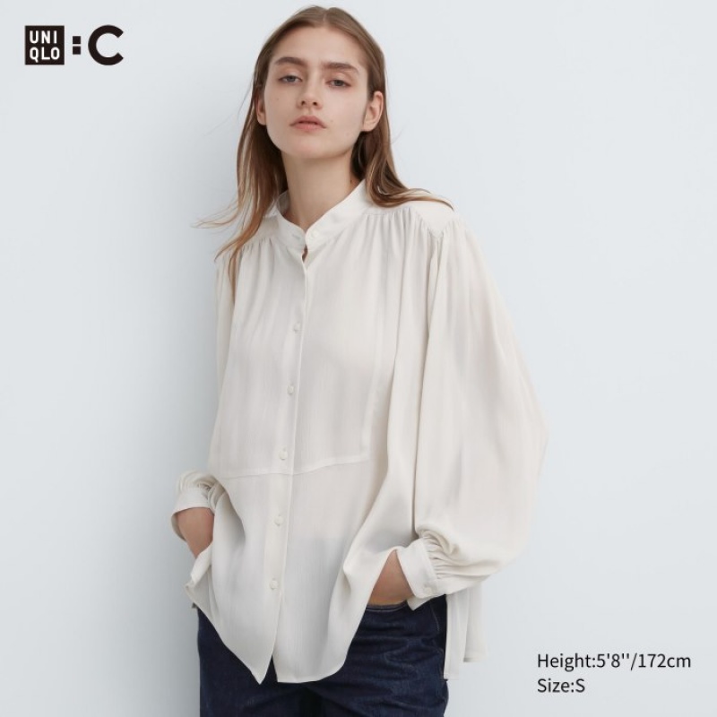 Chemisier Uniqlo Volume Long-Sleeve Femme Blanche | 2266428