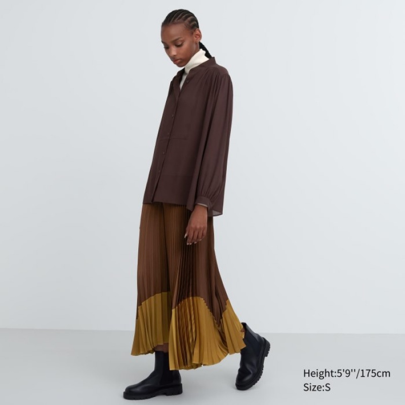 Chemisier Uniqlo Volume Long-Sleeve Femme Marron | 4503833