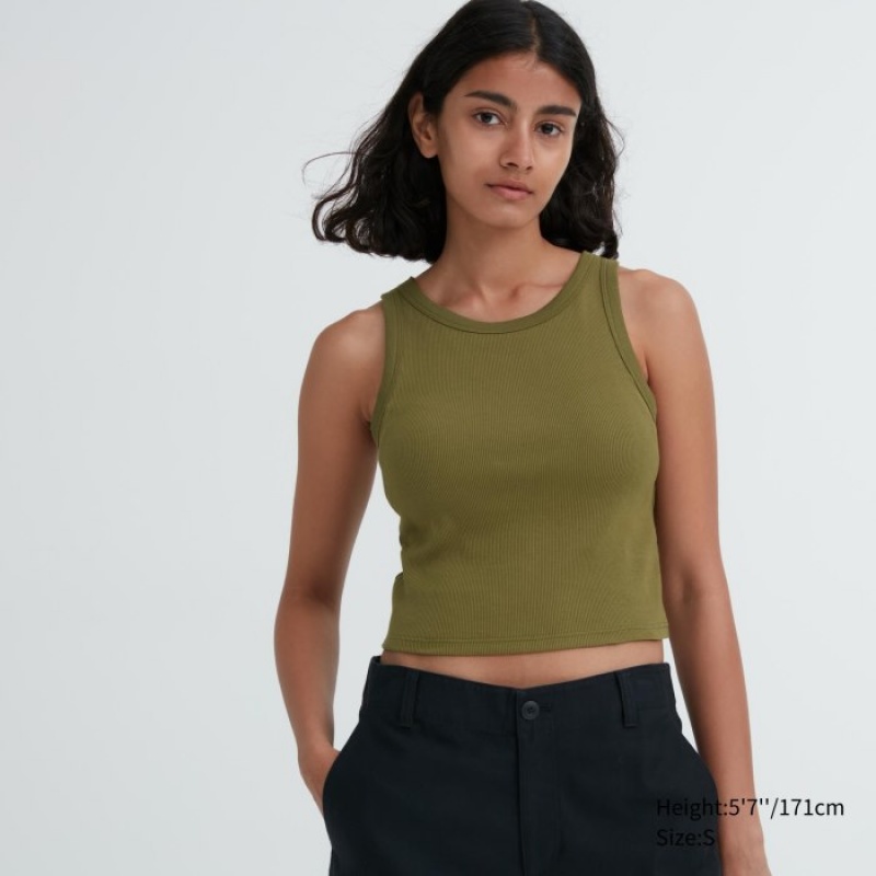 Debardeur Uniqlo Ribbed Cropped Sleeveless Femme Vert Olive | 9534735
