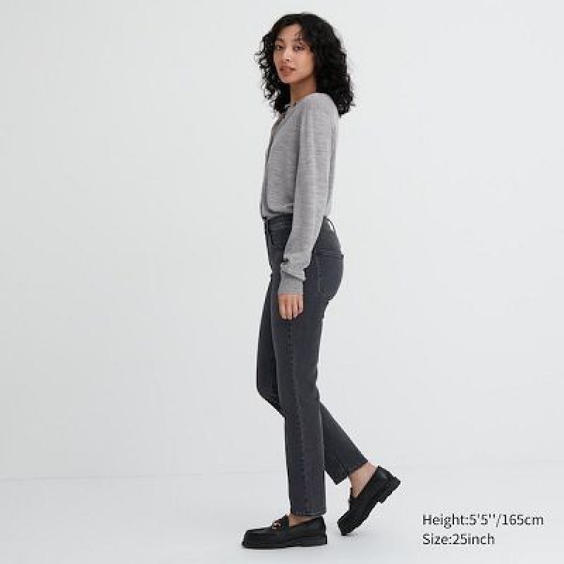 Jean Uniqlo Stretch Slim Straight Femme Noir | 9059035