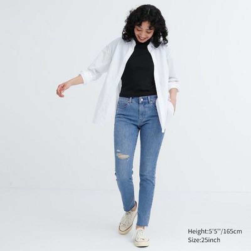 Jean Uniqlo Ultra Stretch Distressed Femme Bleu | 9761472