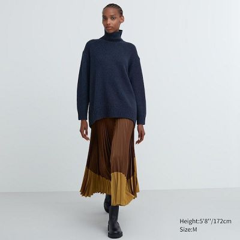 Jupes Uniqlo Pleated Color Block Femme Marron | 9987115