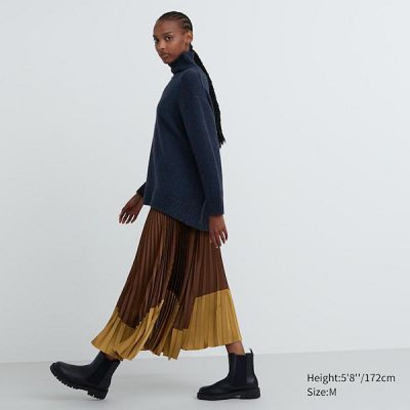 Jupes Uniqlo Pleated Color Block Femme Marron | 9987115