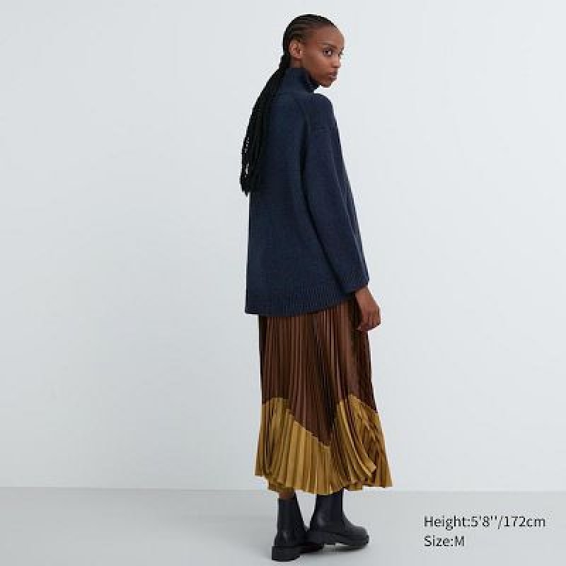 Jupes Uniqlo Pleated Color Block Femme Marron | 9987115