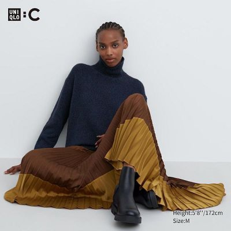 Jupes Uniqlo Pleated Color Block Femme Marron | 9987115