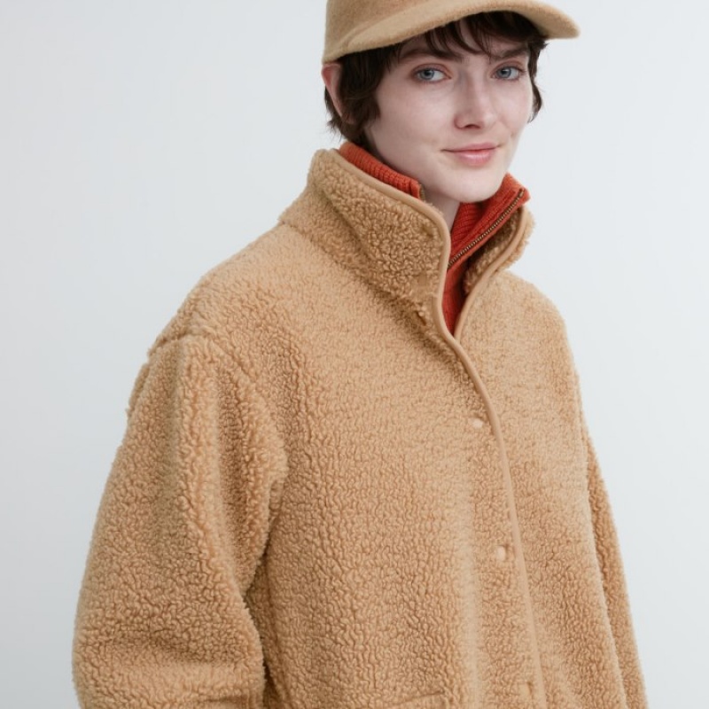 Manteaux Uniqlo Pile Lined Fleece Stand Collar Femme Beige | 7390969