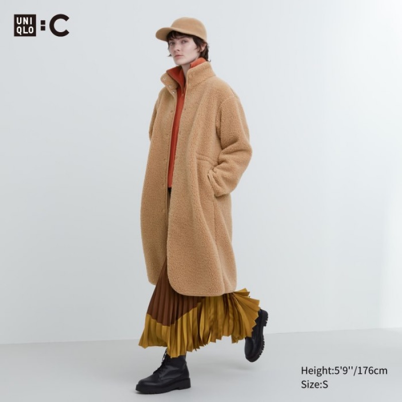 Manteaux Uniqlo Pile Lined Fleece Stand Collar Femme Beige | 7390969