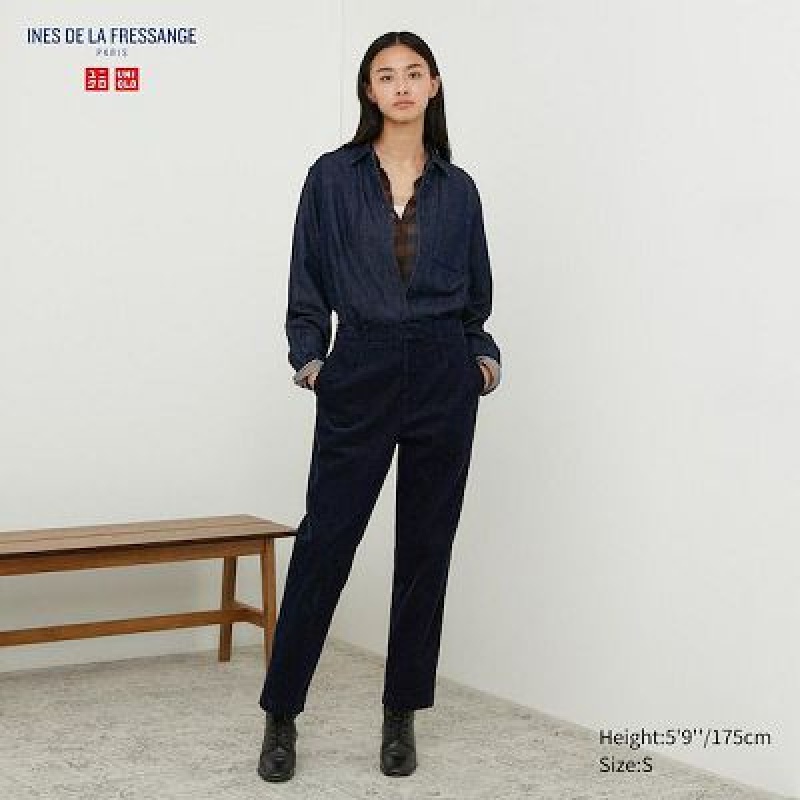 Pantalon Uniqlo Corduroy Tapered Ankle Femme Bleu Marine | 6077118