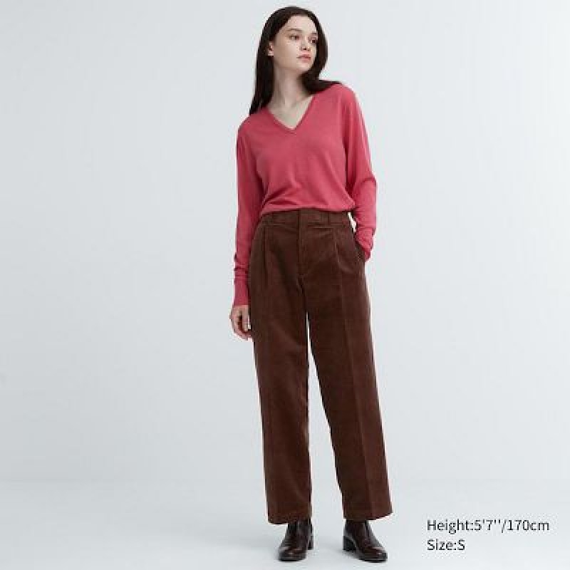 Pantalon Uniqlo Corduroy Wide-Fit Pleated Femme Marron | 4683530