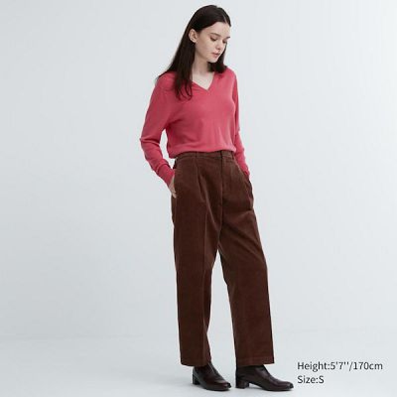 Pantalon Uniqlo Corduroy Wide-Fit Pleated Femme Marron | 4683530