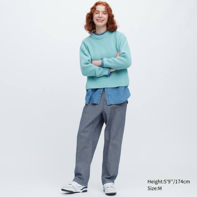 Pantalon Uniqlo Cotton Hickory Relaxed Fit Ankle Length Homme Bleu | 7573634