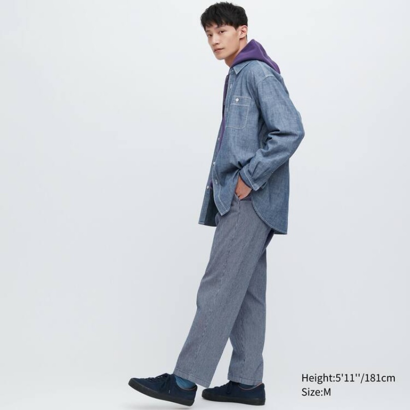 Pantalon Uniqlo Cotton Hickory Relaxed Fit Ankle Length Homme Bleu | 7573634