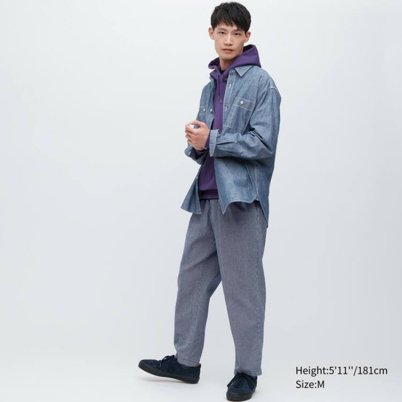 Pantalon Uniqlo Cotton Hickory Relaxed Fit Ankle Length Homme Bleu | 7573634