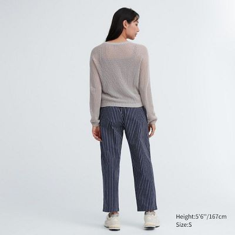 Pantalon Uniqlo Cotton Striped Relaxed Ankle Femme Bleu Marine | 5145674
