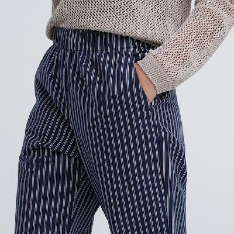 Pantalon Uniqlo Cotton Striped Relaxed Ankle Femme Bleu Marine | 5145674