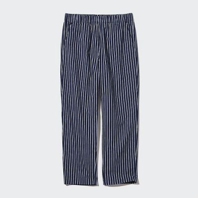 Pantalon Uniqlo Cotton Striped Relaxed Ankle Femme Bleu Marine | 5145674