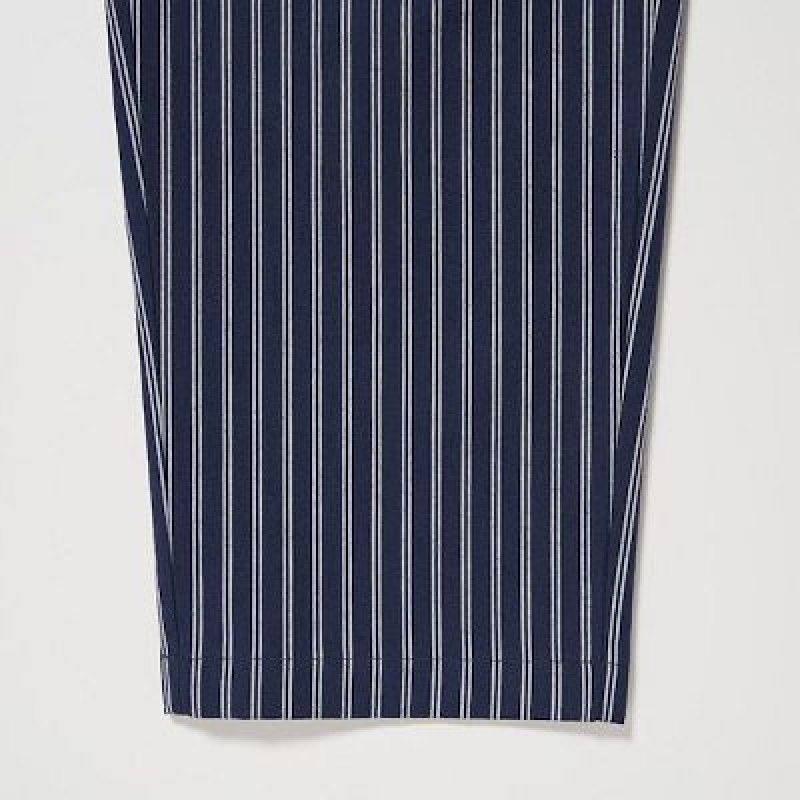 Pantalon Uniqlo Cotton Striped Relaxed Ankle Femme Bleu Marine | 5145674
