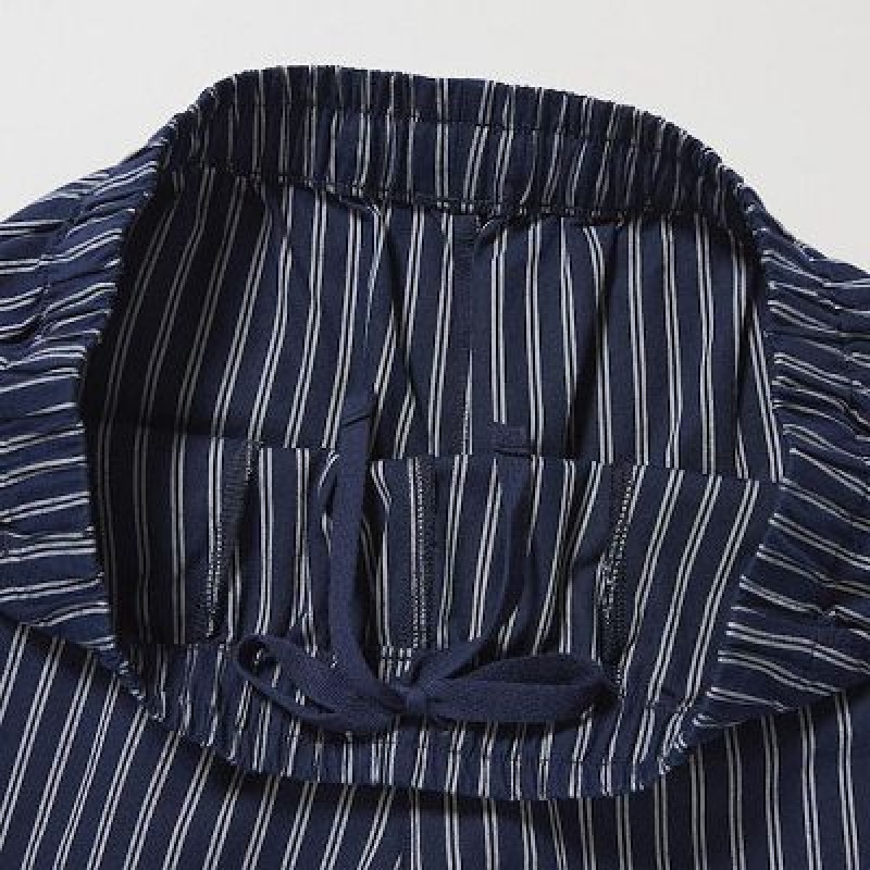 Pantalon Uniqlo Cotton Striped Relaxed Ankle Femme Bleu Marine | 5145674