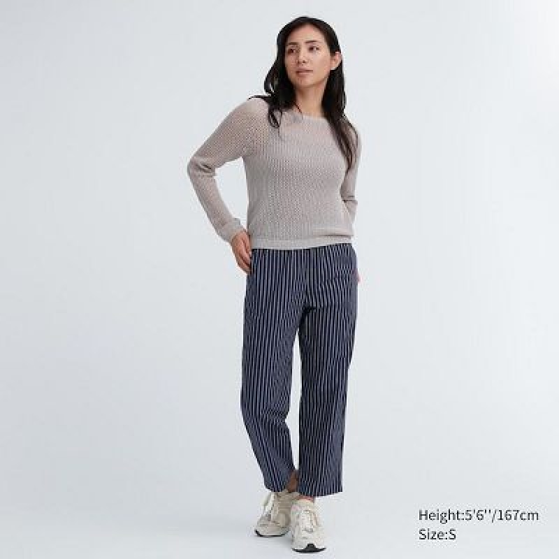 Pantalon Uniqlo Cotton Striped Relaxed Ankle Femme Bleu Marine | 5145674