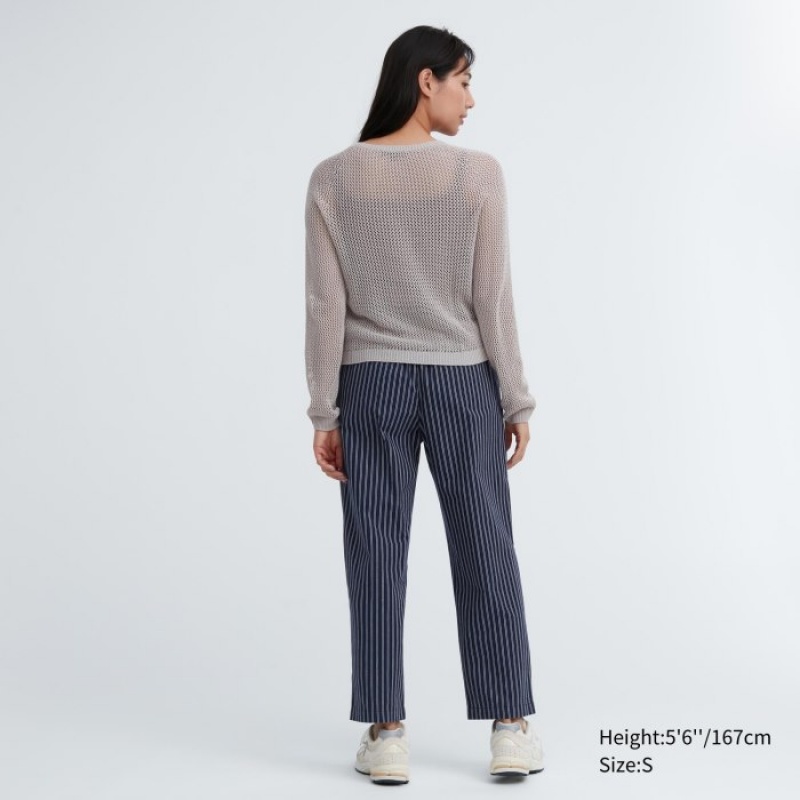 Pantalon Uniqlo Cotton Striped Relaxed Ankle Femme Bleu Marine | 726728