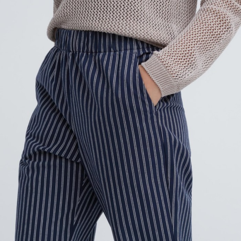 Pantalon Uniqlo Cotton Striped Relaxed Ankle Femme Bleu Marine | 726728