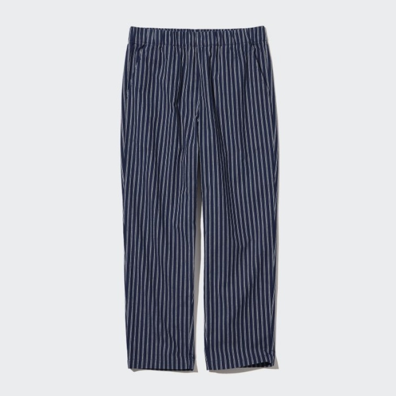 Pantalon Uniqlo Cotton Striped Relaxed Ankle Femme Bleu Marine | 726728