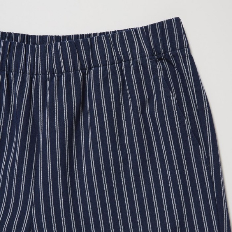 Pantalon Uniqlo Cotton Striped Relaxed Ankle Femme Bleu Marine | 726728