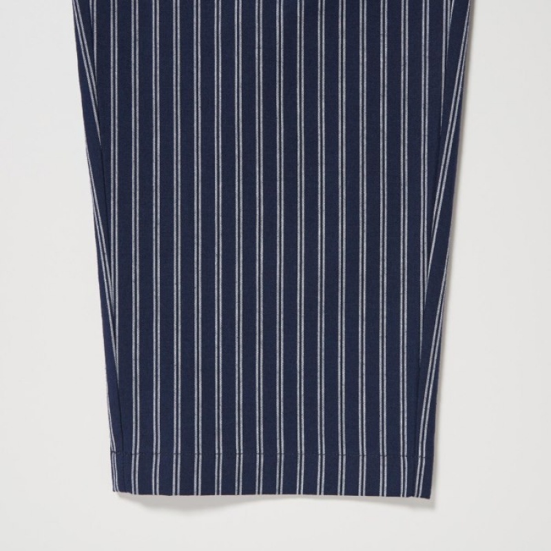 Pantalon Uniqlo Cotton Striped Relaxed Ankle Femme Bleu Marine | 726728