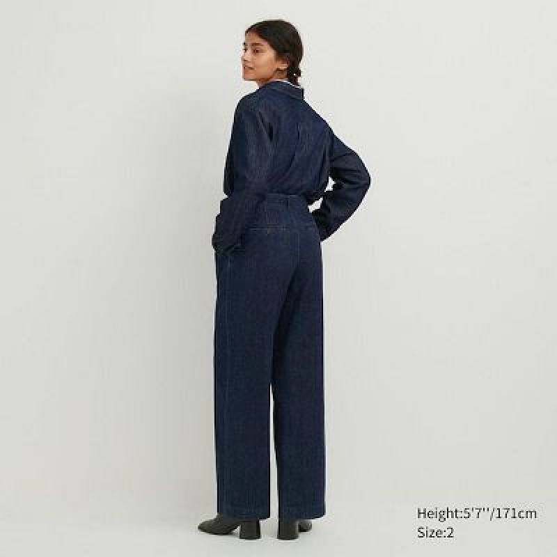 Pantalon Uniqlo Denim Wide-Fit Pleated Femme Bleu Marine | 8083782