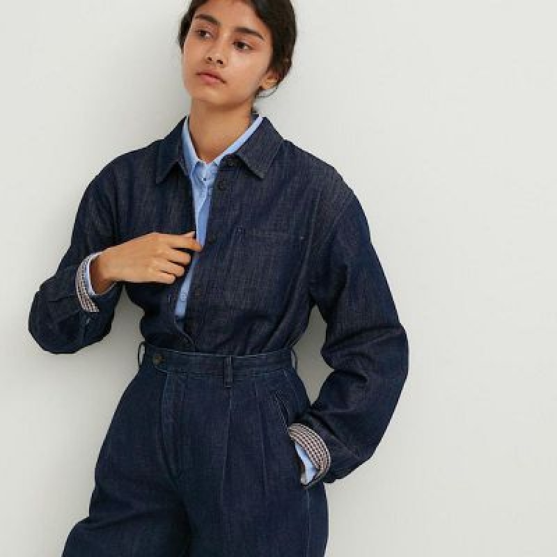 Pantalon Uniqlo Denim Wide-Fit Pleated Femme Bleu Marine | 8083782