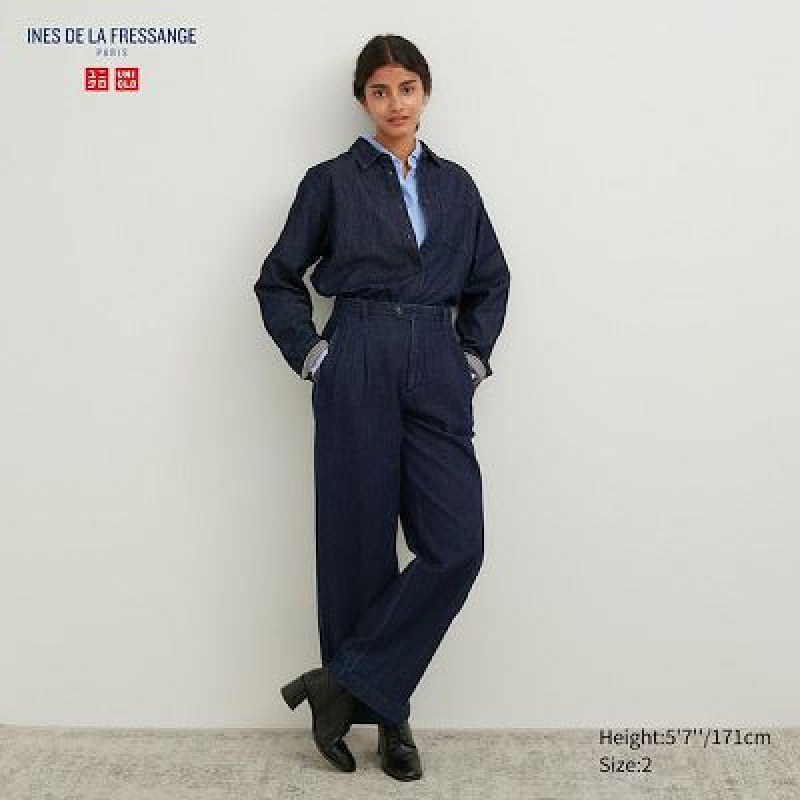 Pantalon Uniqlo Denim Wide-Fit Pleated Femme Bleu Marine | 8083782