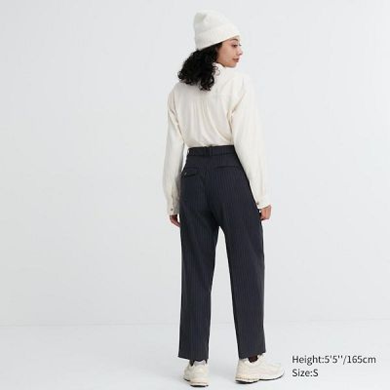 Pantalon Uniqlo HEATTECH Pleated Tapered Femme Bleu Marine | 8654718