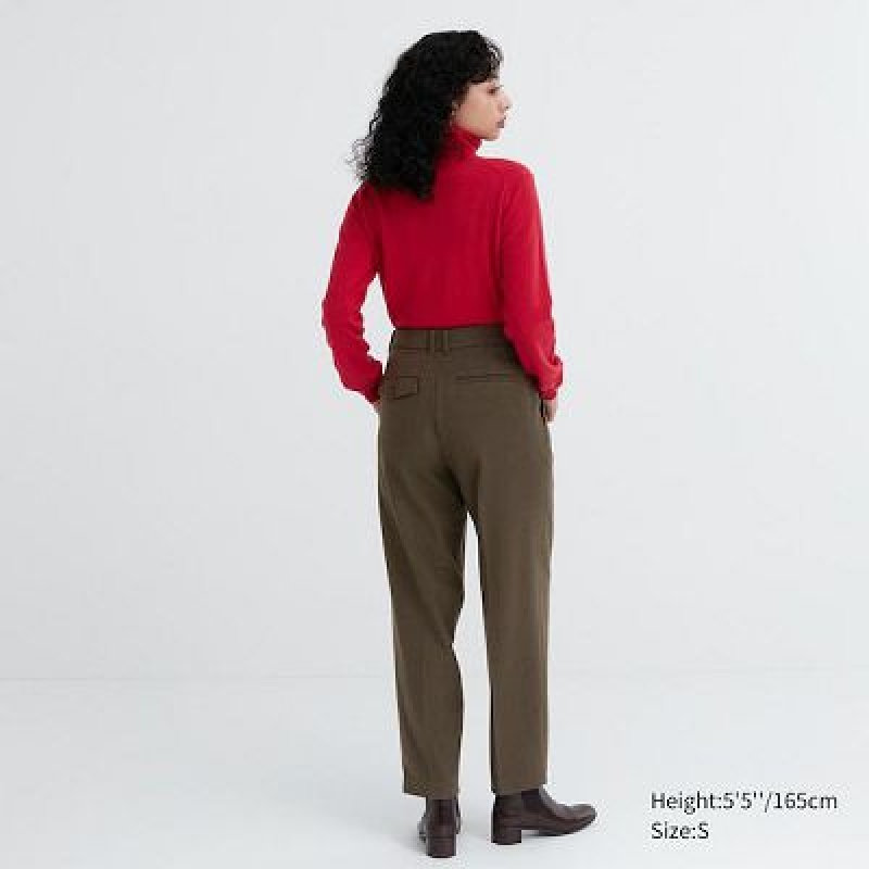 Pantalon Uniqlo HEATTECH Pleated Tapered Femme Vert Olive | 7685622