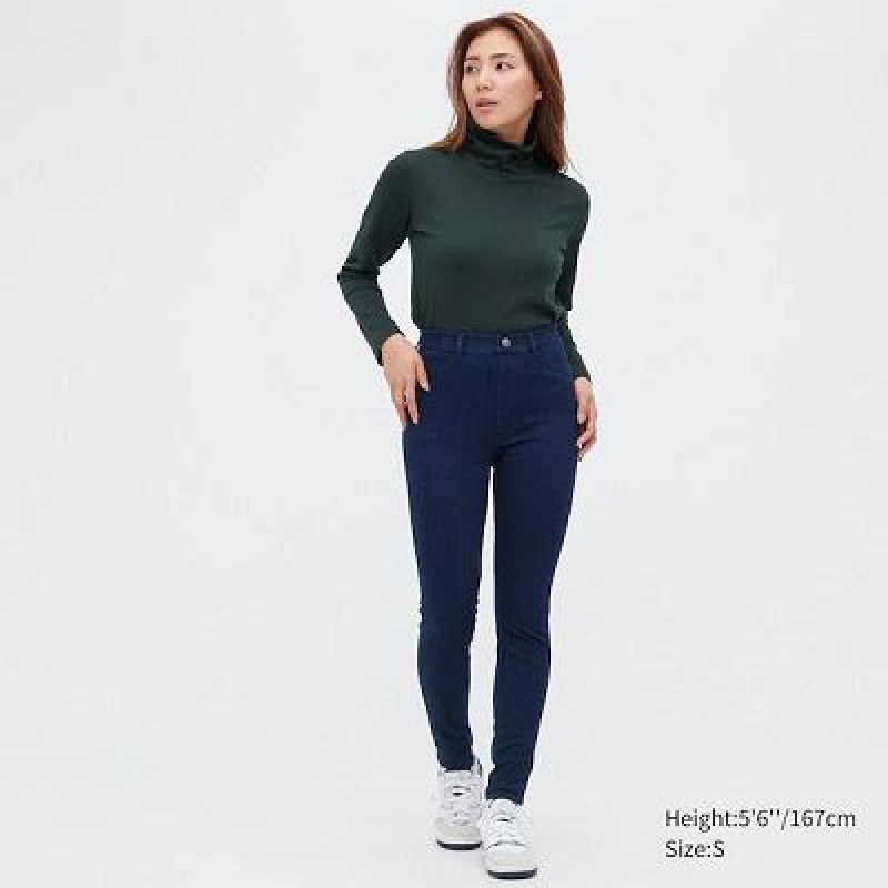 Pantalon Uniqlo HEATTECH Ultra Stretch High-Rise Denim Femme Bleu | 5070593