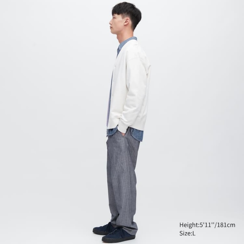 Pantalon Uniqlo Linen Blend Striped Relaxed Fit Homme Bleu | 5732392