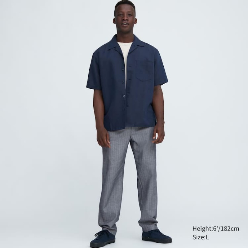 Pantalon Uniqlo Linen Blend Striped Relaxed Fit Homme Bleu | 5732392