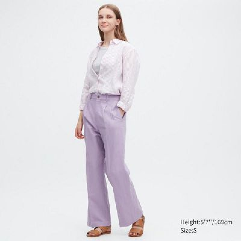 Pantalon Uniqlo Linen Blend Tucked Wide Femme Violette | 6313214