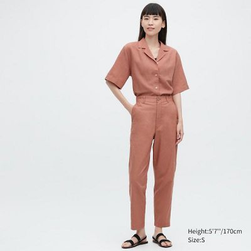Pantalon Uniqlo Linen Cotton Tapered Femme Marron | 6250535