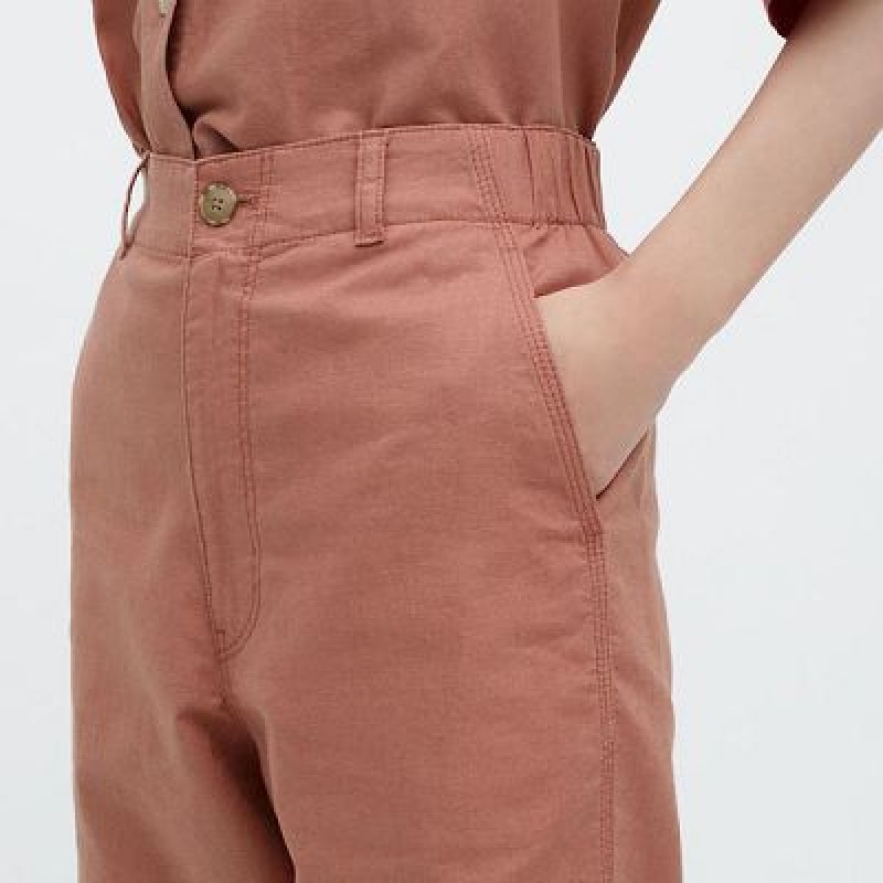 Pantalon Uniqlo Linen Cotton Tapered Femme Marron | 6250535