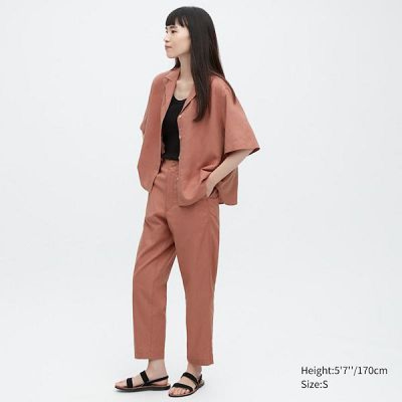 Pantalon Uniqlo Linen Cotton Tapered Femme Marron | 6250535
