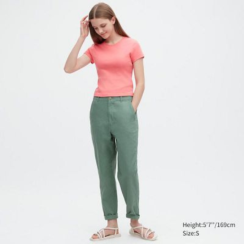 Pantalon Uniqlo Linen Cotton Tapered Femme Vert | 7339707