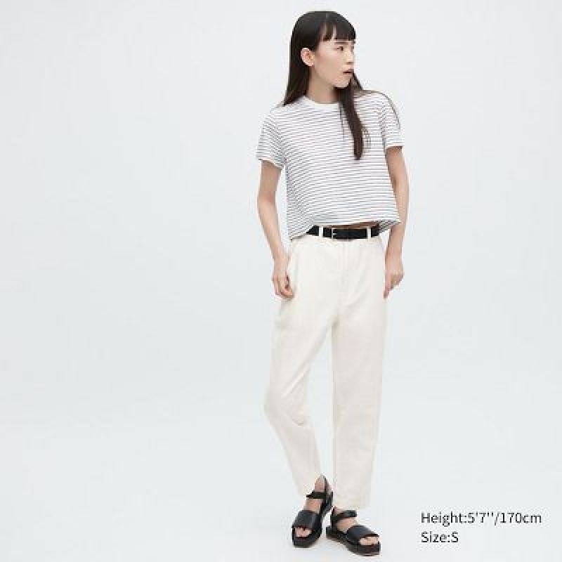 Pantalon Uniqlo Linen Cotton Tapered Femme Blanche | 1926309