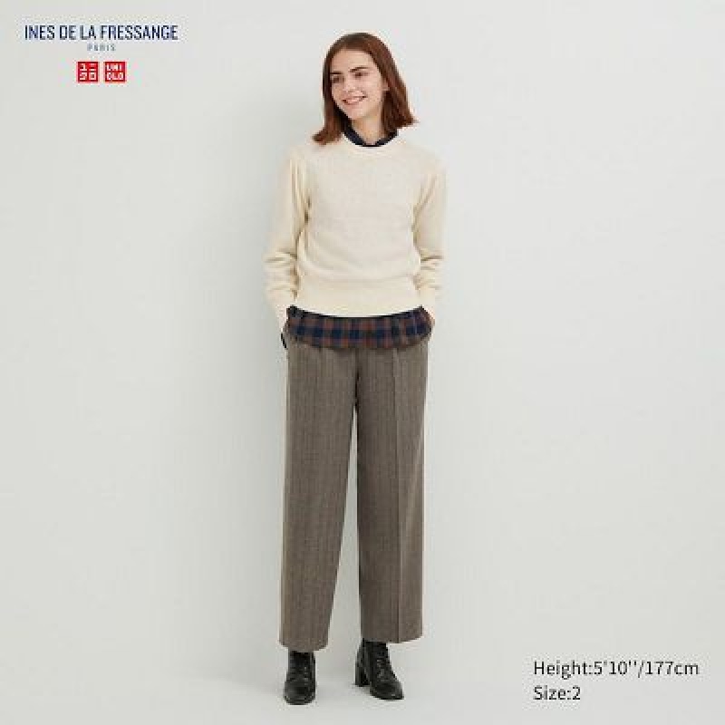 Pantalon Uniqlo Tweed Wide-Fit Pleated Femme Marron | 8779808