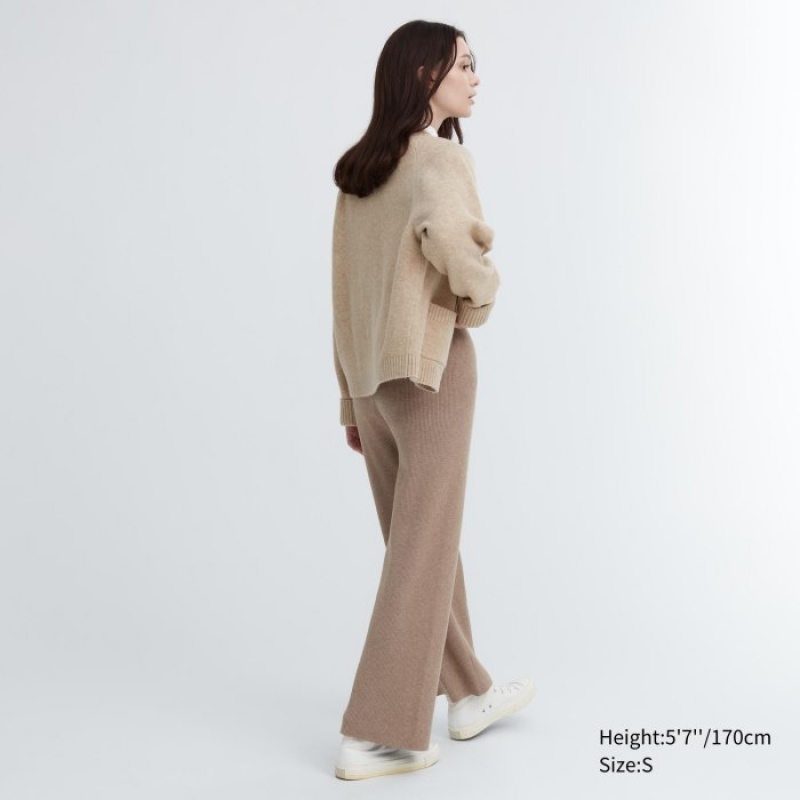 Pantalon Uniqlo Washable Knit Ribbed Lounge Femme Kaki | 2200675